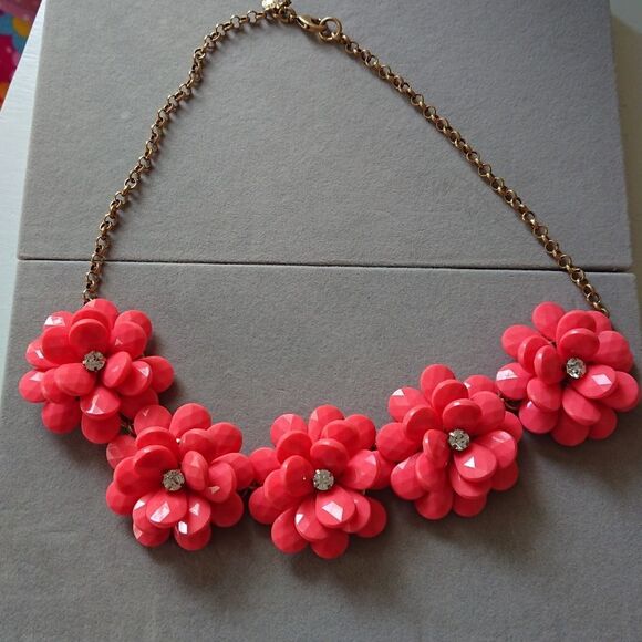 J. Crew bright pink acrylic with rhinestones statement necklace - Picture 1 of 9